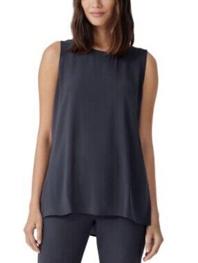 EILEEN FISHER Women’s Silk Chiffon Sleeveless Blouse In Navy-Size Small
